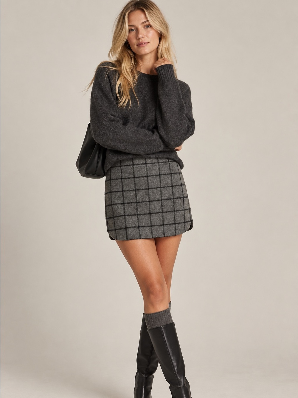 MADEWELL • gray wool shirttail mini skirt black grid check pattern size 0